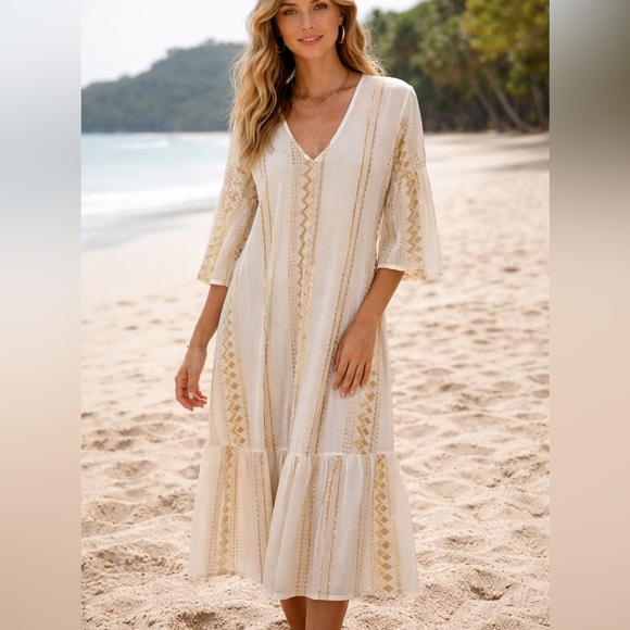 aether concept Dresses & Skirts - Aether Concept White Gold Embroidered Maxi Dress Geometric Tribal Greek Metallic